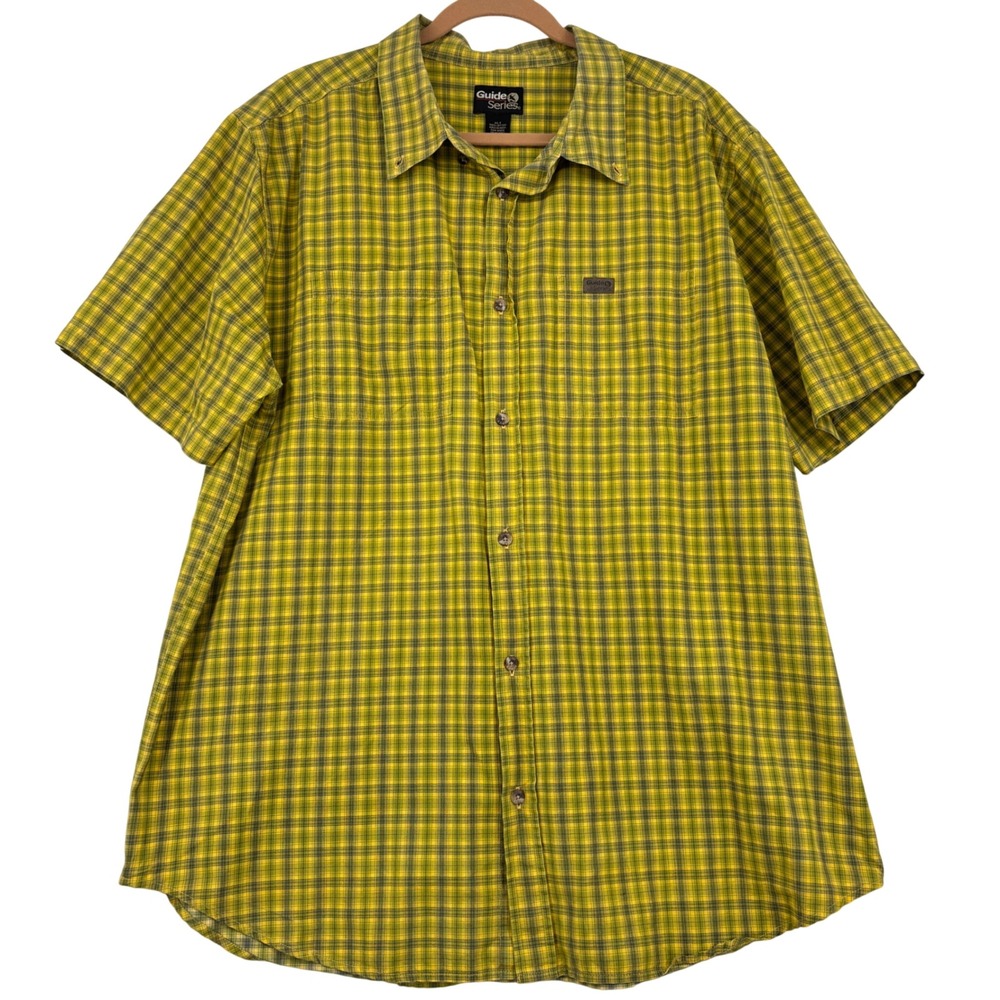 Guide Series Button Down Shirt Mens XLT Yellow Green Plaid Short Sleeve Cotton